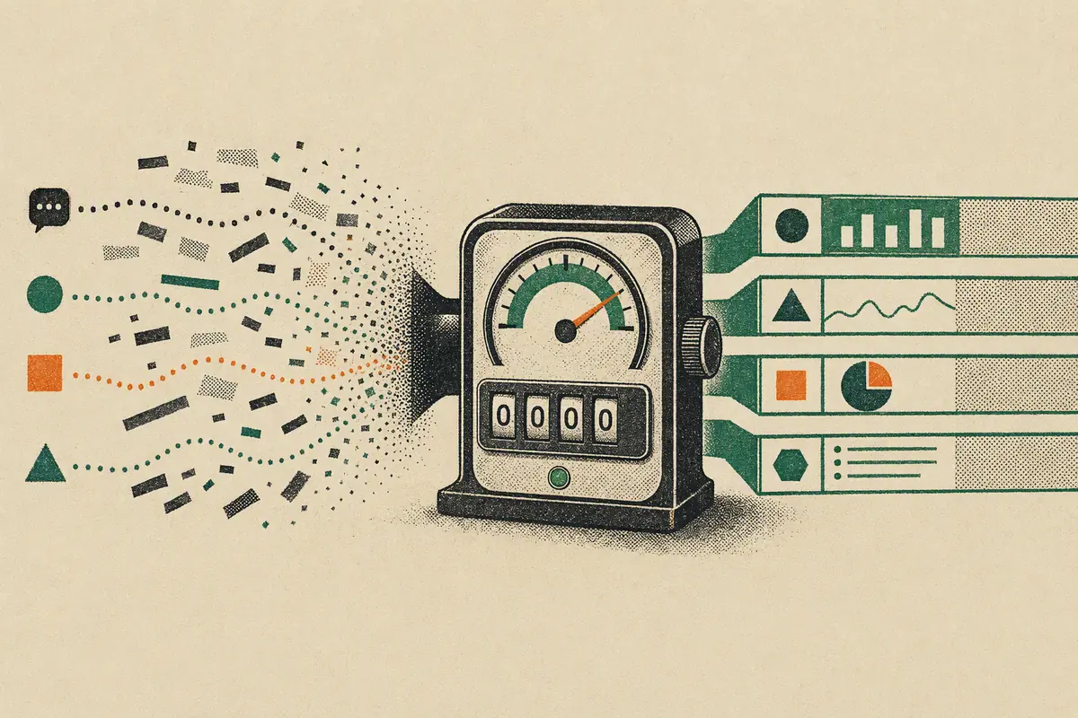 A halftone field meter turns dotted telemetry streams into four aggregate ledger bands while message fragments dissolve before entering.